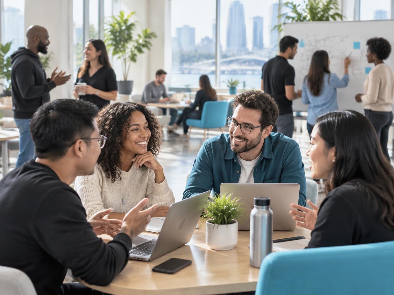 Community: Freiberufler im Austausch in einem hellen Coworking-Space