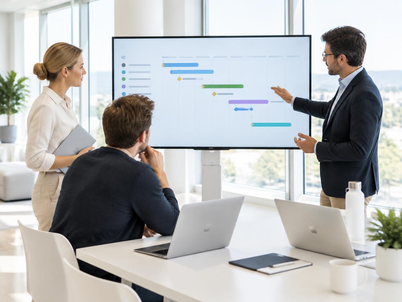 Team bespricht eine Projektplanung am Bildschirm in einem hellen Büro